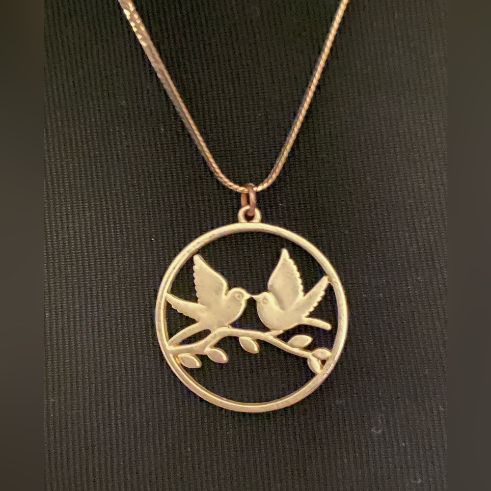 Love Birds On A Limb Golden Necklace Pendant Approx size of silver dollar